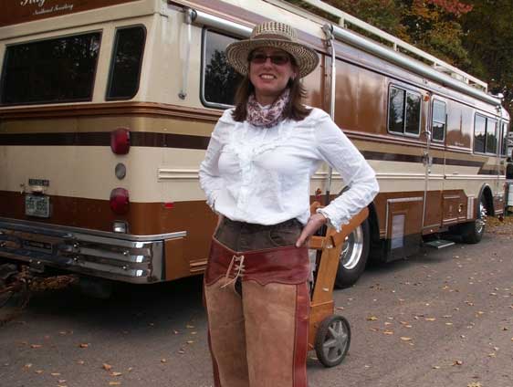 'Shamrock Shelly' outside of the Walnut Hill Gang covered wagon.